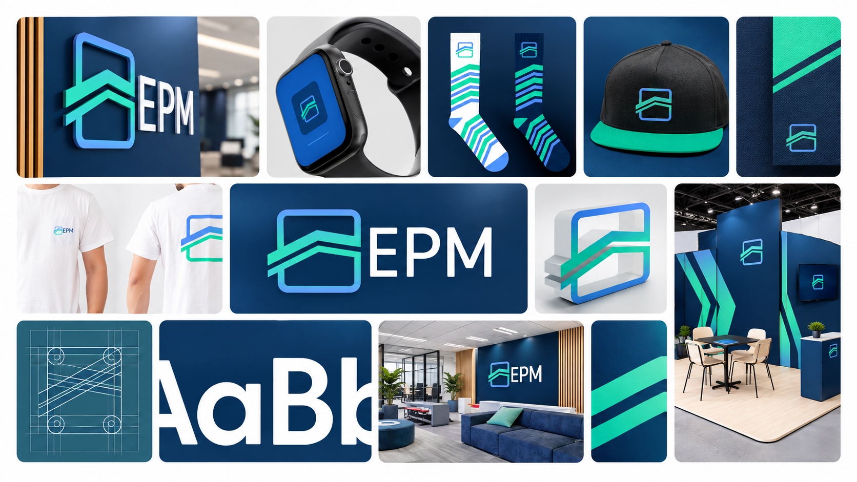 EPM rebrand identity system shown across merchandise, workplace, digital, and event applications