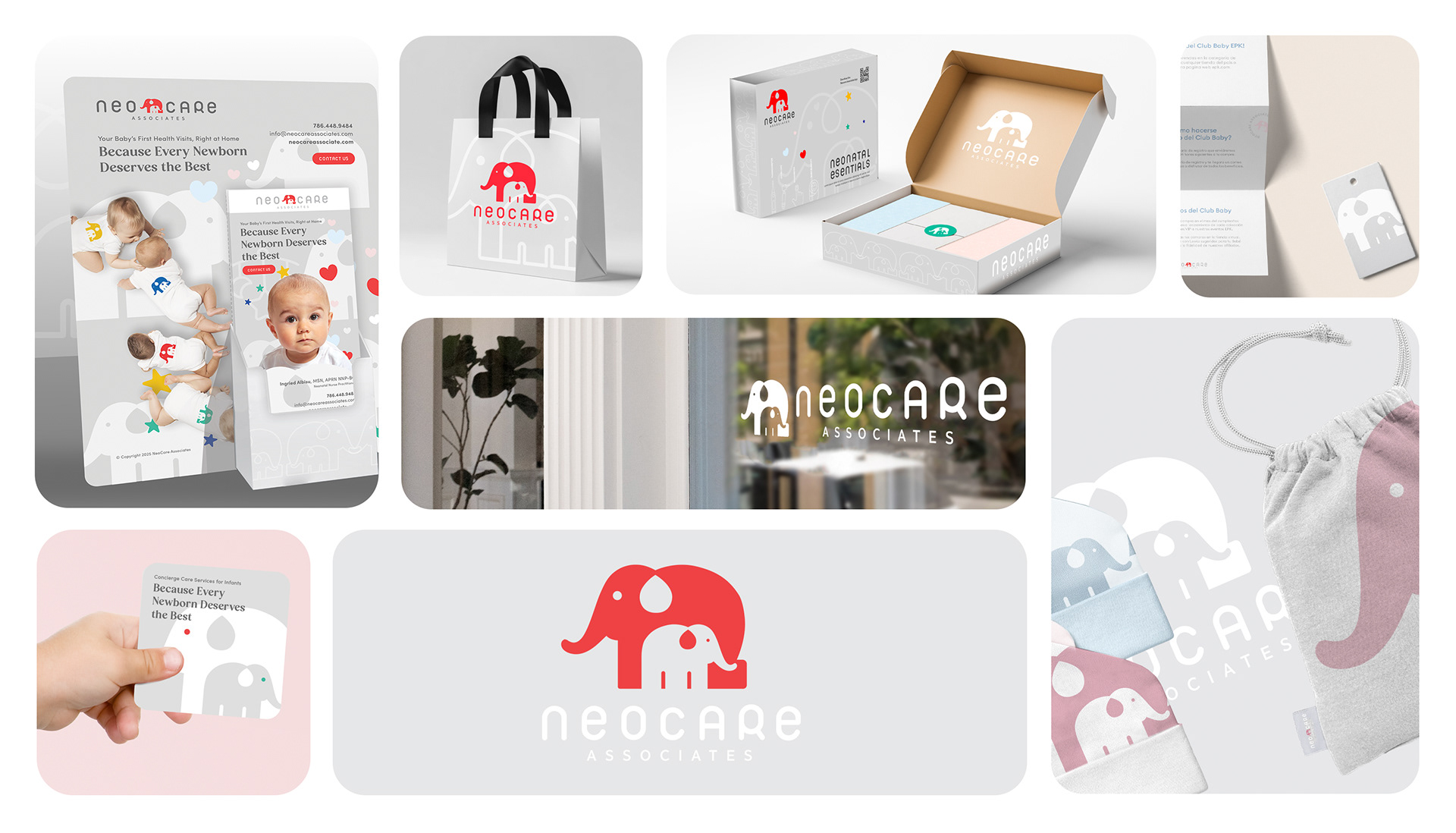Neocare Associates brand identity across the logo, communications, environments, and branded applications